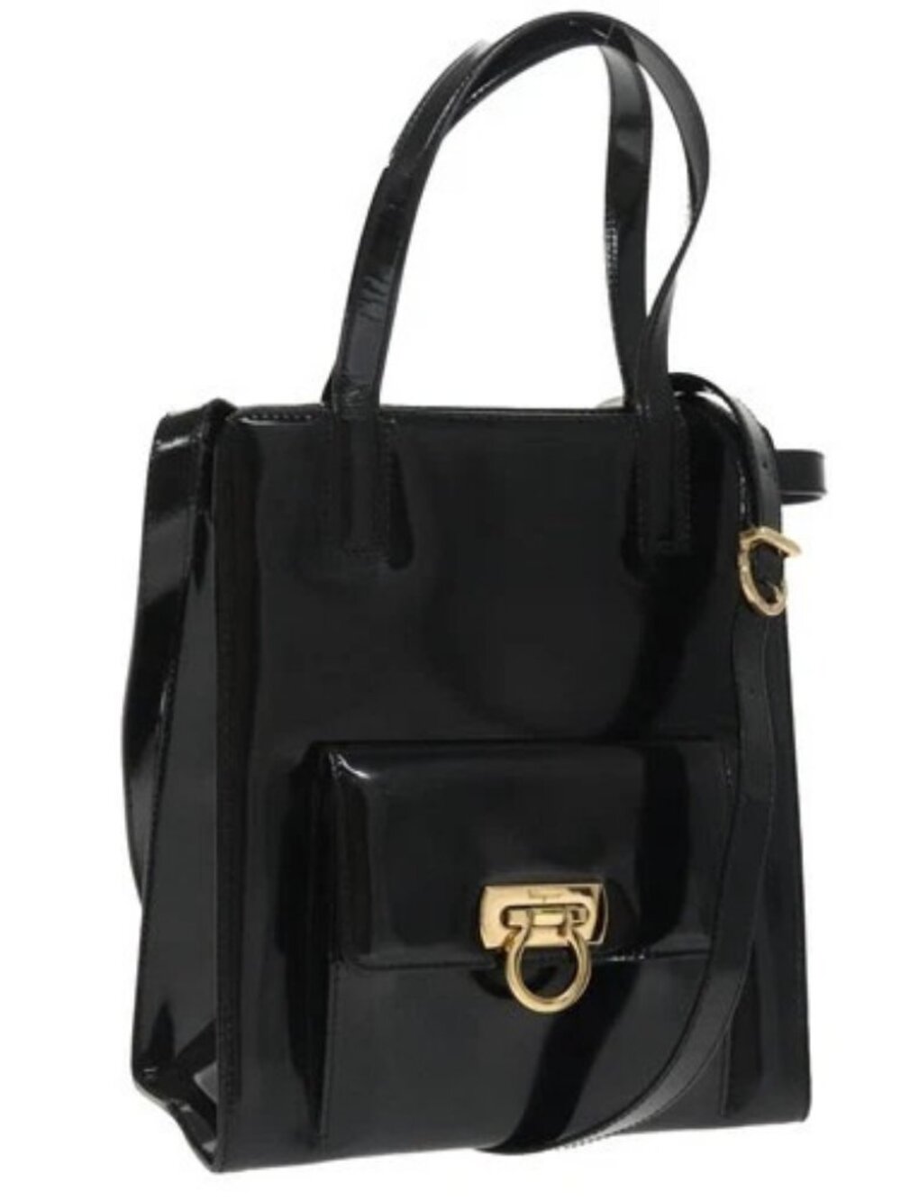 Salvatore Ferragamo Gancini Shoulder Bag Patent 2way Black Gold Auth ki5031